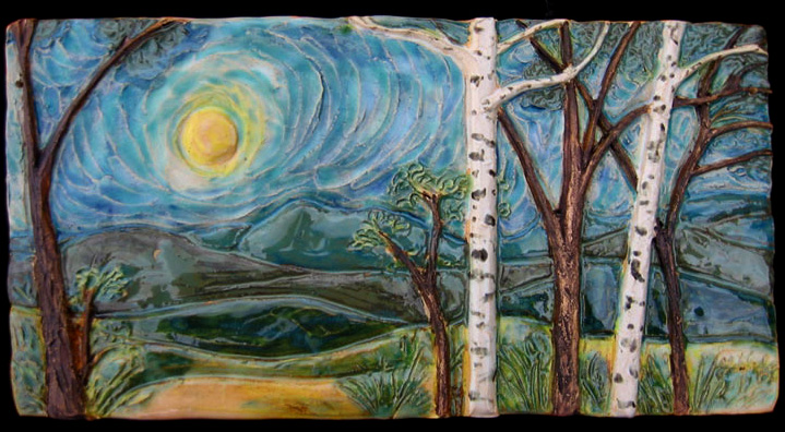 tile art of birches in mountain landscape